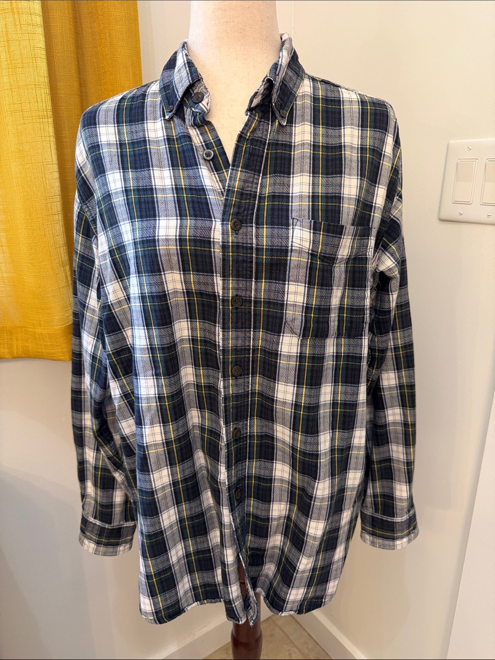 L.L. Bean Navy, White and Yellow Plaid Button-Down Shirt